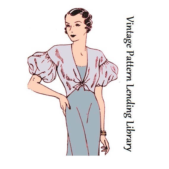 1930s Ladies Evening Jacket With Puff Sleeve - Reproduction 1933 Sewing Pattern #T0801 - 36 Inch Bust