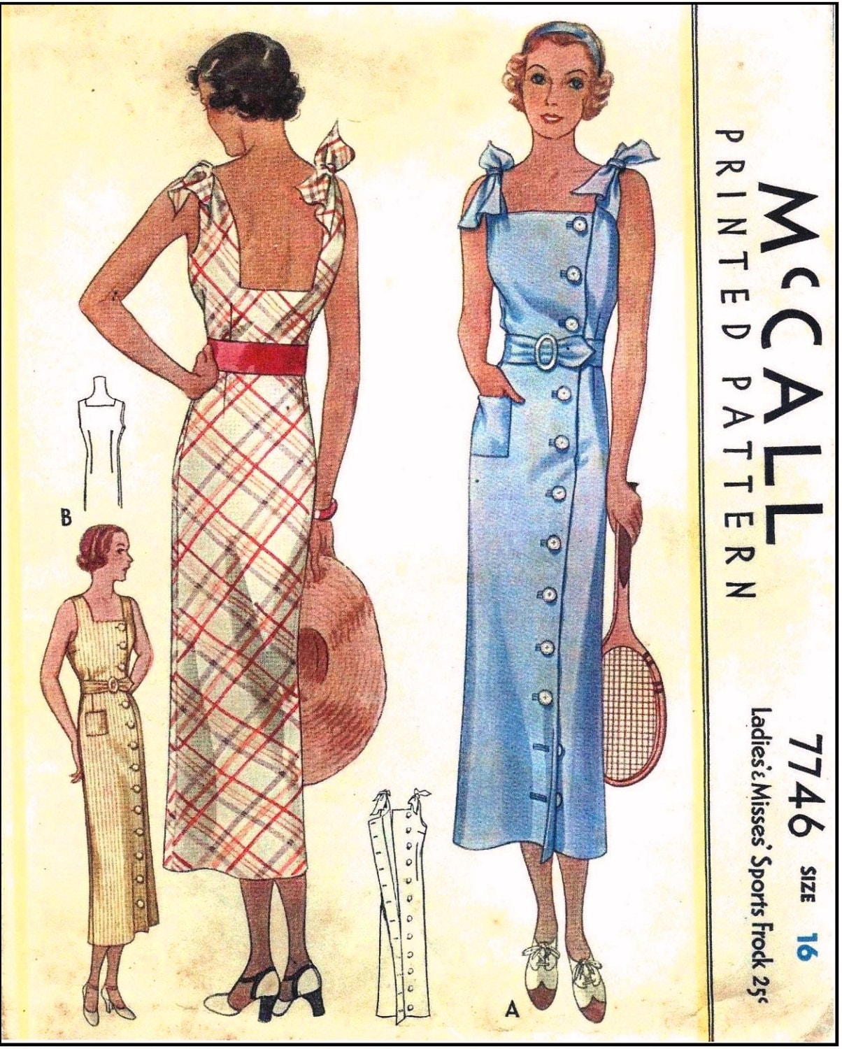 1930s Ladies Sun Dress With Shoulder Ties - Reproduction 1934 Sewing Pattern #T7746 - 34 Inch Bust