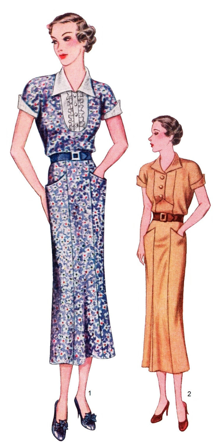 1930s Ladies Day Dress With Two Necklines - INSTANT DOWNLOAD - Reproduction 1936 Sewing Pattern #T8116 - 42 Inch Bust PDF - Print At Home