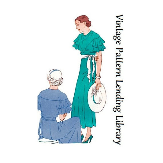 1930s Ladies Dress With Flounced Sleeves - Reproduction 1934 Sewing Pattern #T2677 - 38 Inch Bust