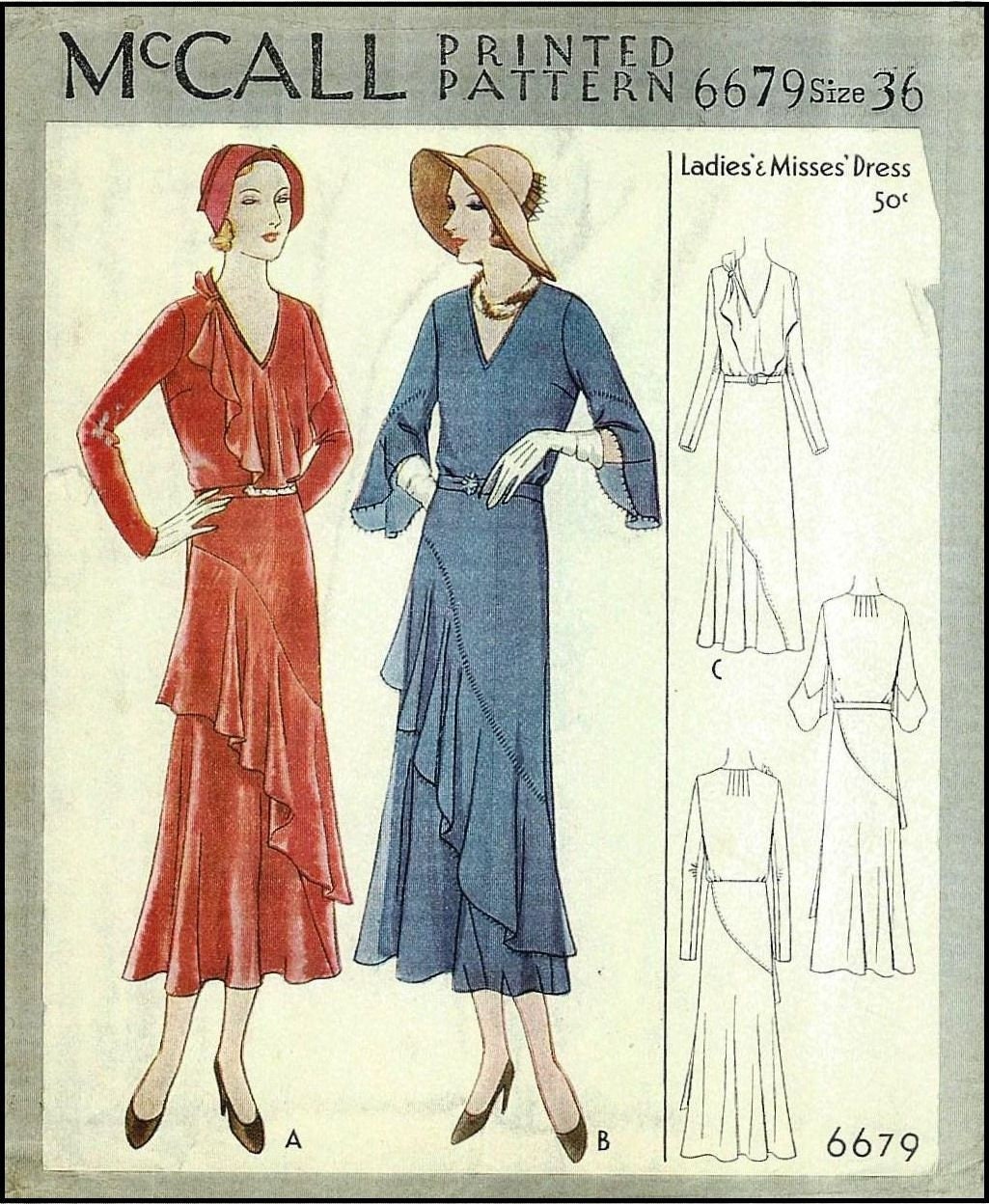 1930s Ladies Flounced Dress with Jabot - Reproduction 1931-32 Sewing Pattern #T6679 - 36 Inch Bust