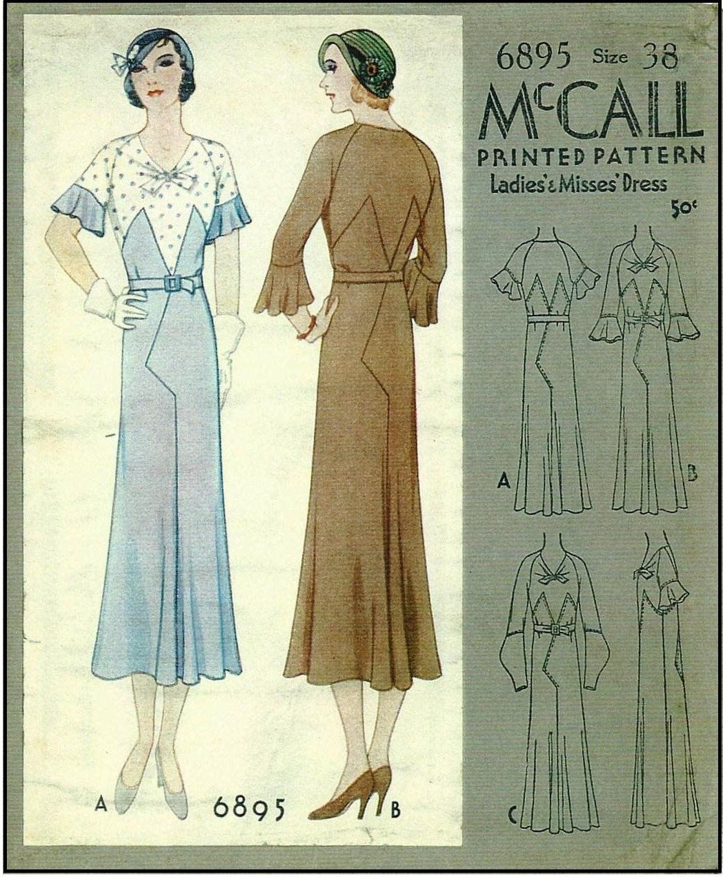 1930s Art Deco Style Dress With Sleeve Flare - INSTANT DOWNLOAD - Reproduction 1932 Sewing Pattern #T6895 - 38 Inch Bust -PDF- Print At Home