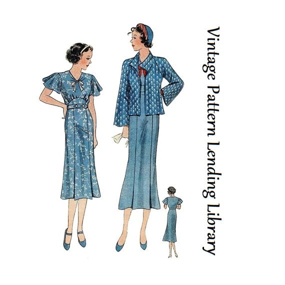 1930s Junior-Miss High-Waisted Day Dress With Jacket - Reproduction 1934 Sewing Pattern #T1427 - 32 Inch Bust