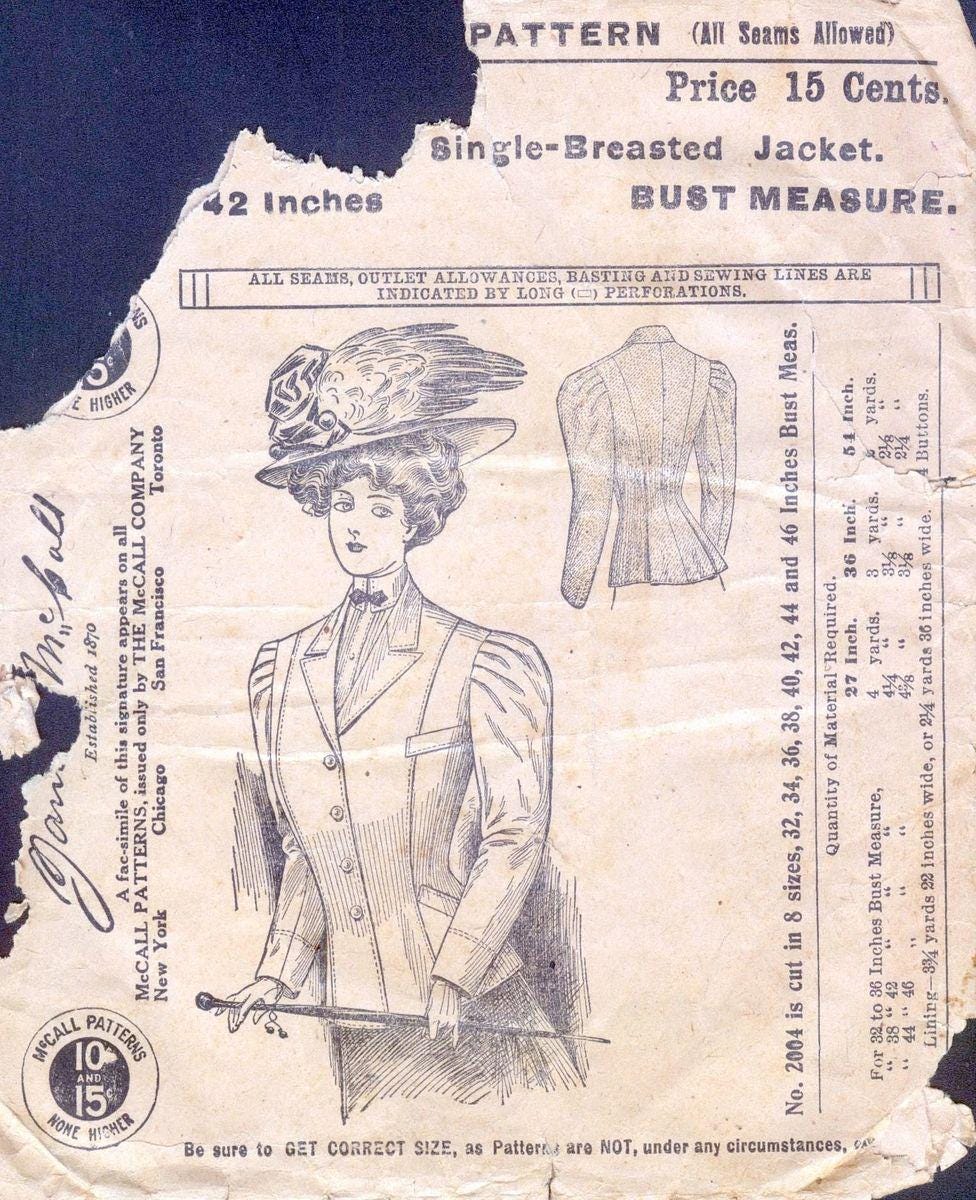 1900s Ladies Single Breasted Fitted Sport Jacket - Edwardian - Belle Epoch - Reproduction 1909 Sewing Pattern #E2004 - 42 Inch Bust