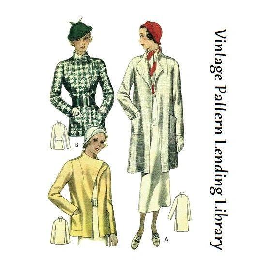 1930s Ladies Coat In Two Lengths With Optional Belt and Pockets - Reproduction 1934 Sewing Pattern #T7758 - 40 Inch Bust