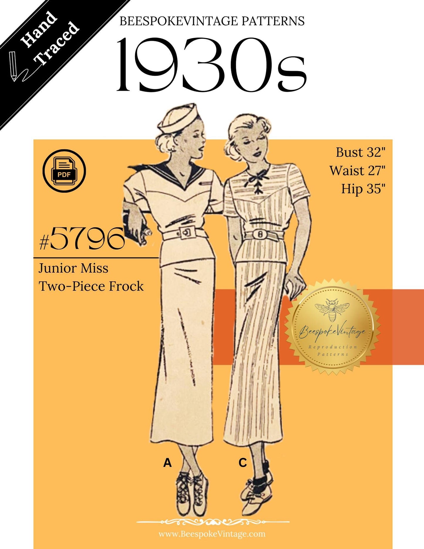 1930s Sailor / Midi Blouse and Skirt - Bust 32" - Reproduction Vintage Pattern #5796-32 - PDF - Print At Home