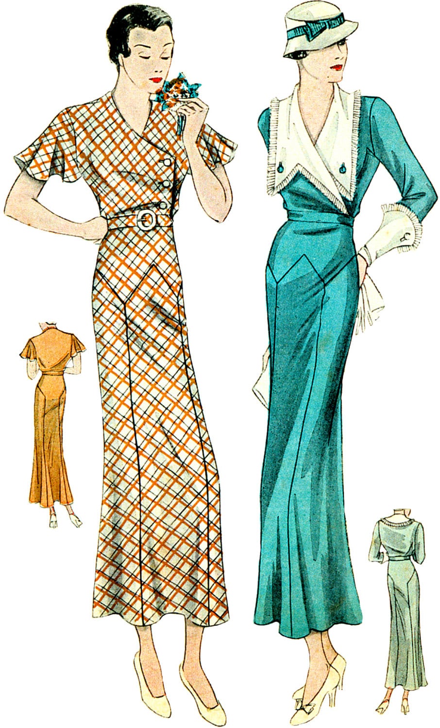 1930s Ladies Day Dress With Large Collar - Art Deco - 1934 Reproduction Sewing Pattern #T1481 - 36 Inch Bust