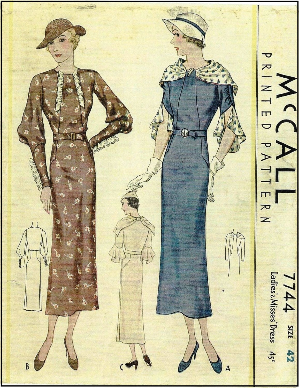 1930s Ladies Dress With Collar And Sleeve Options- Reproduction 1934 Sewing Pattern #T7744 - 44 Inch Bust