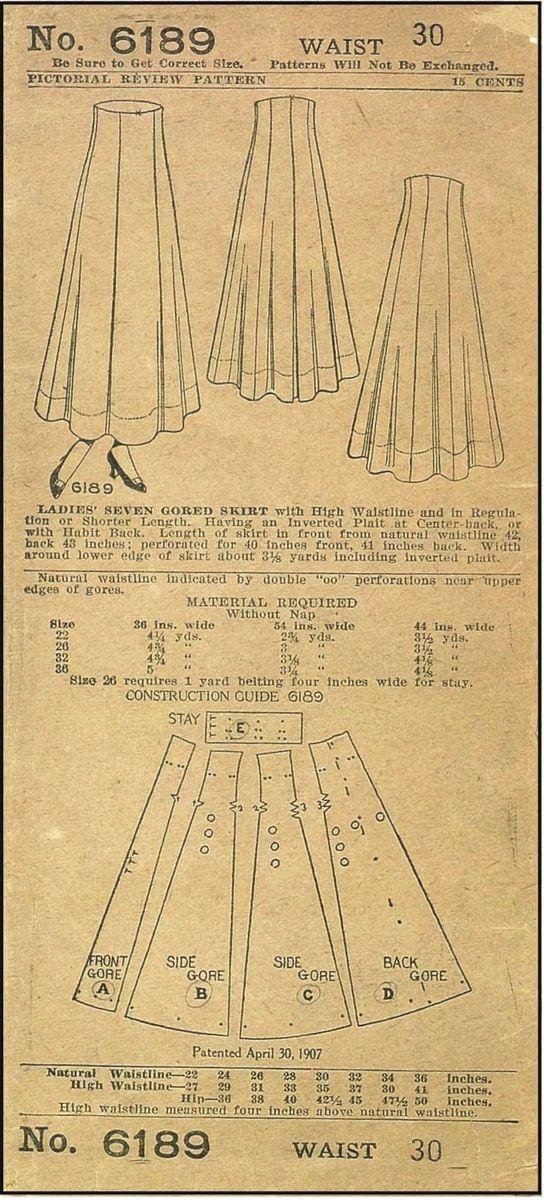 1910s Ladies Seven Gored Skirt - 1918 Reproduction Sewing Pattern #E6189 - 30 Inch Waist