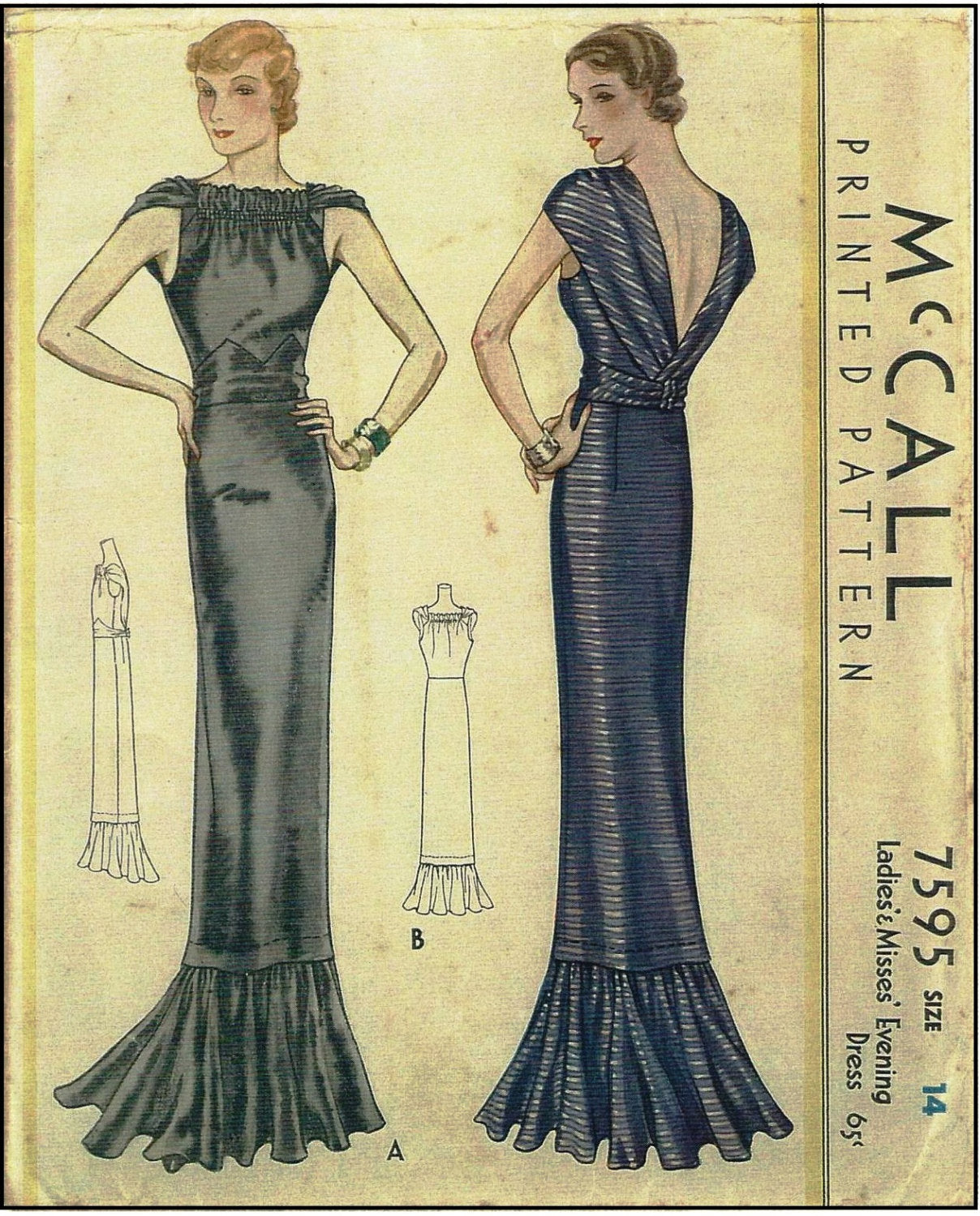 1930s Ladies Evening Gown With Gathered Neckline - Reproduction 1933 Sewing Pattern #T7595 - 32 Inch Bust