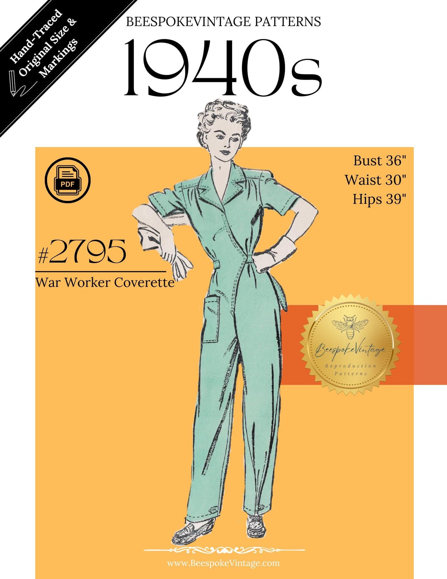 1940s Coverette Overalls WWII Rosie the Riveter - ORIGINAL SIZE ONLY Bust 36" Reproduction Vintage Pattern #2795-36 (PDF - Print At Home)