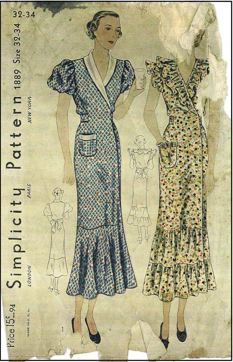 1930s Ladies Hooverette Day Dress - Reproduction 1935 Sewing Pattern #T1889 - 34 Inch Bust - Wrap Dress - House Dress