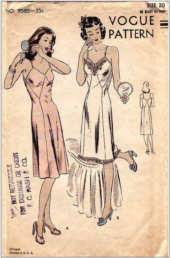 1940s Ladies Slip with Optional Lace  - Reproduction 1940s Sewing Pattern #F9585 - 32 Inch Bust