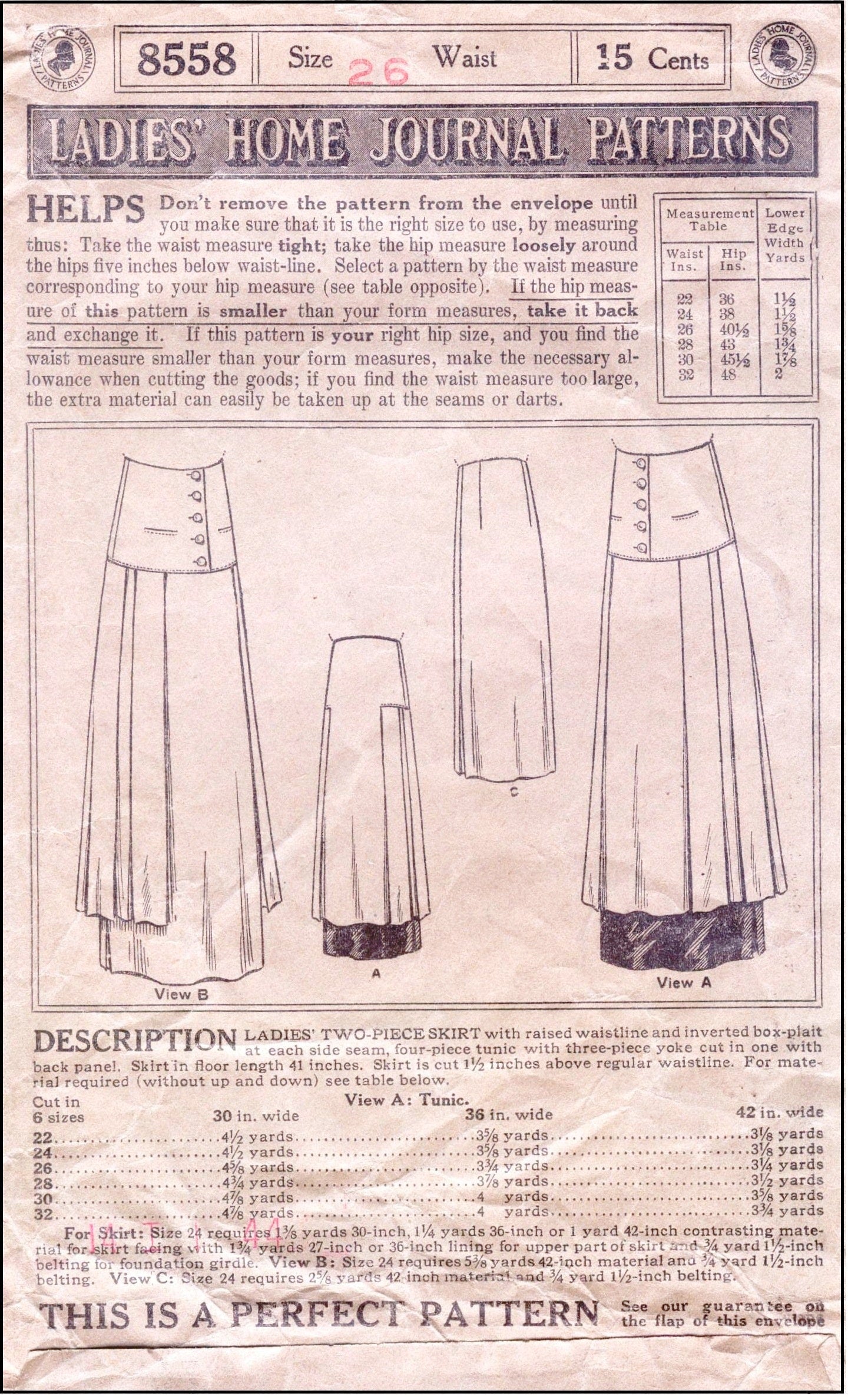 1910s Ladies Two-Piece Skirt With Optional Tunic - Edwardian Skirt - Reproduction 1914 Sewing Pattern #E8558 - 26 Inch Waist