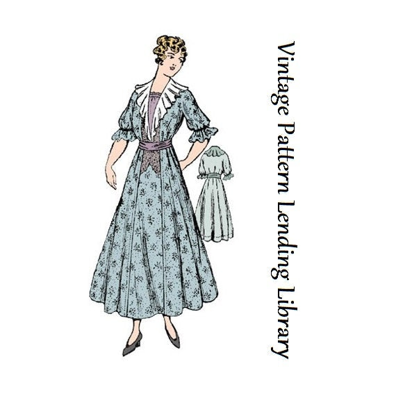 1910s Ladies Dress With Ruffled Lapels - 1915 Reproduction Sewing Pattern #E1775 - 38 Inch Bust