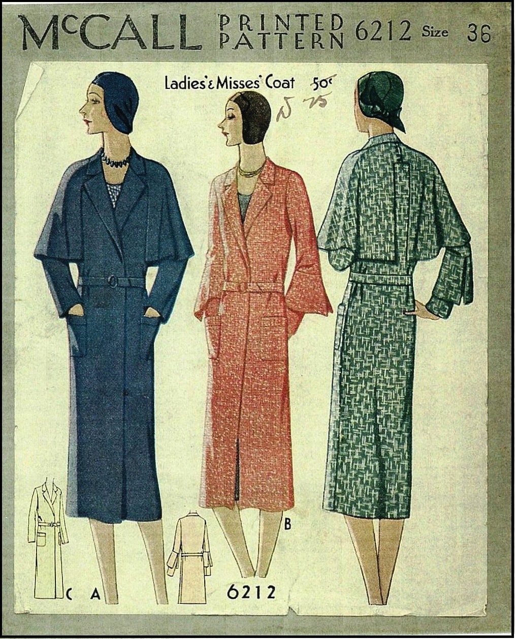 1930 Ladies Coat With Optional Cape - Pattern #T6212 - 34 Inch Bust