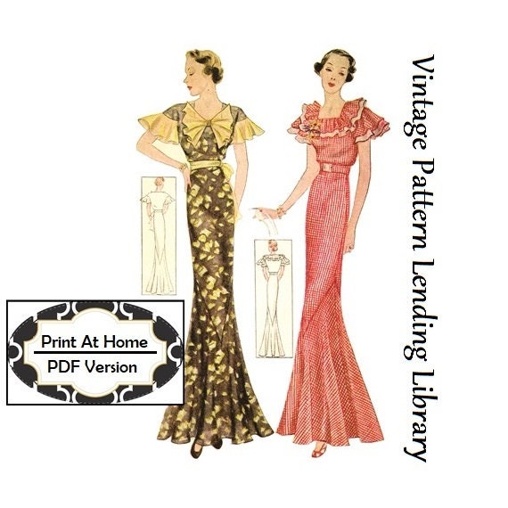 1930s Ladies Evening Gown With Two Necklines - INSTANT DOWNLOAD - Reproduction 1934 Sewing Pattern #T1495 -36 Inch Bust - PDF- Print At Home