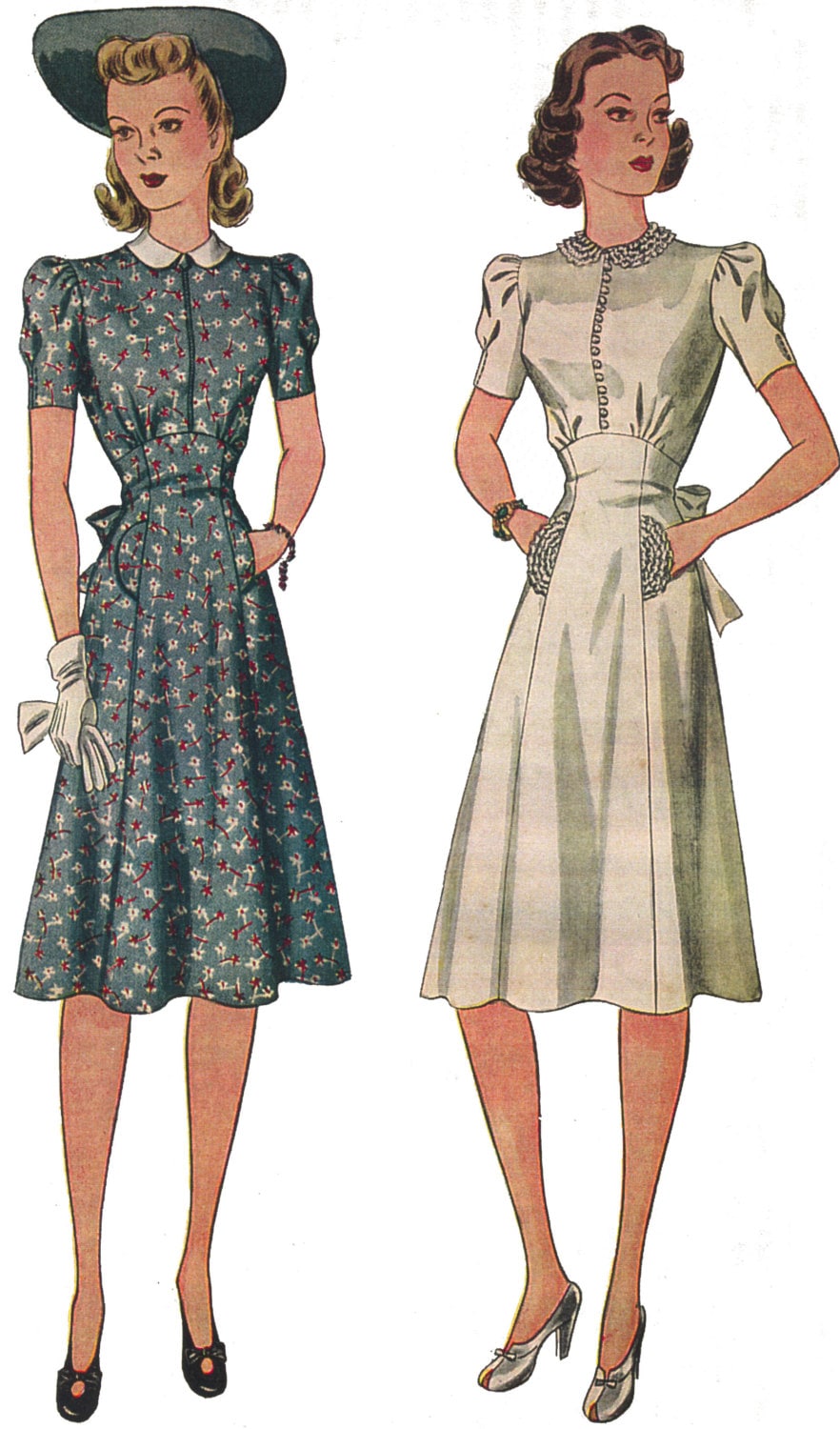 1940s Ladies Day Dress With Raised Waistline - Reproduction 1941 Sewing Pattern #F3666 - 34 Inch Bust