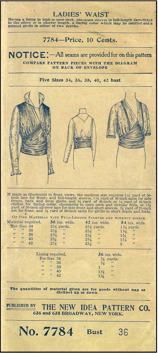 1912 Ladies Waist in Three Styles - INSTANT DOWNLOAD - Reproduction Sewing Pattern #E7784 - 36 Inch Bust - PDF - Print At Home