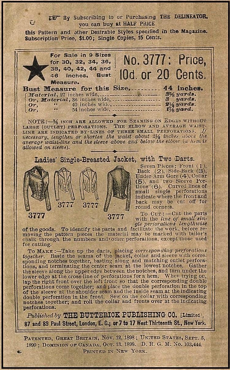 1900 Ladies Single-Breasted Jacket - Victorian Era - Belle Epoque - Reproduction Sewing Pattern #E3777 - 44 Inch Bust