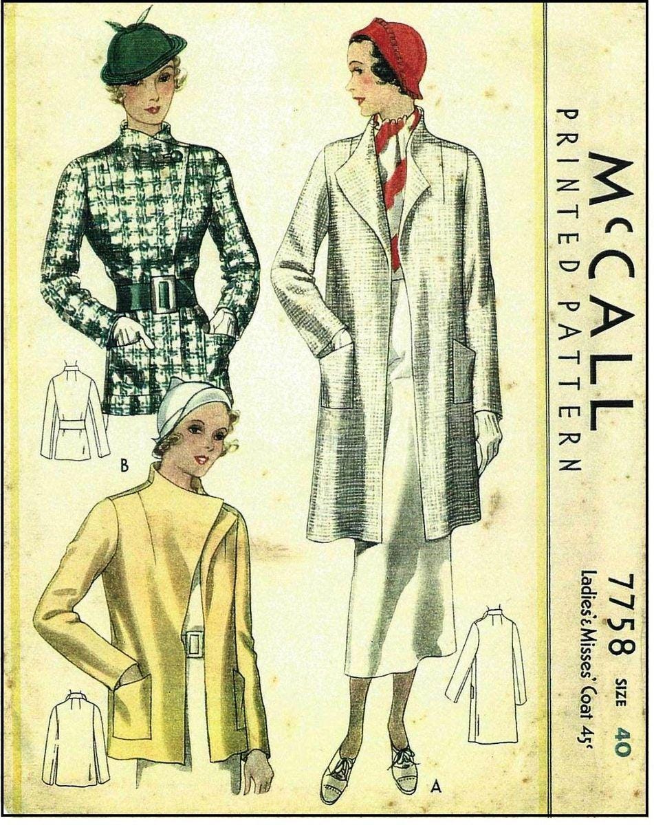 1930s Ladies Coat In Two Lengths With Optional Belt and Pockets - Reproduction 1934 Sewing Pattern #T7758 - 40 Inch Bust