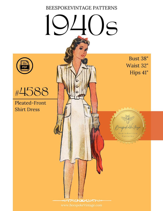 1940s Vintage pattern - Ladies' and Misses' Dress - Bust 38" Reproduction Vintage Pattern #4588-38 - PDF - Print At Home