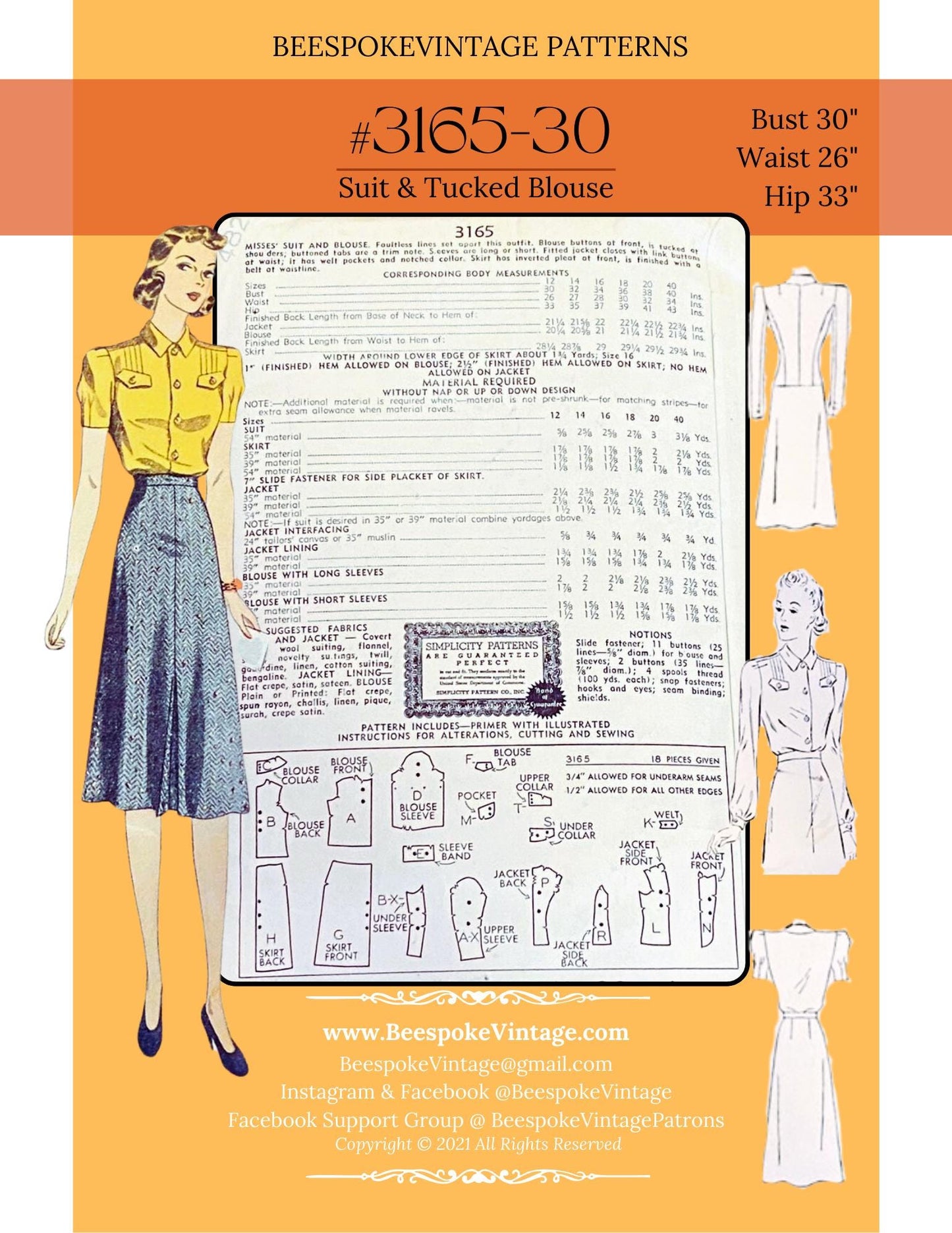 1930s Misses' Suit and Blouse - Bust 30" - Vintage Size 12 - Reproduction Vintage Pattern #3165-30 - PDF - Print At Home