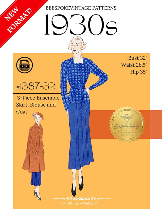 1930s 2-Piece Dress (Blouse and Skirt) and Coat - Bust 32" - vintage sz 14 - Reproduction Vintage Pattern #1387-32 - PDF - Print At Home