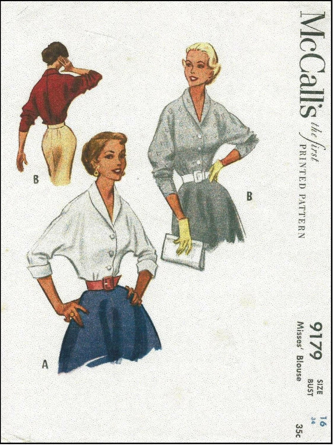 1950s Ladies Dolman Sleeve Blouse - Reproduction 1952 Sewing Pattern #F9179 - 34 Inch Bust