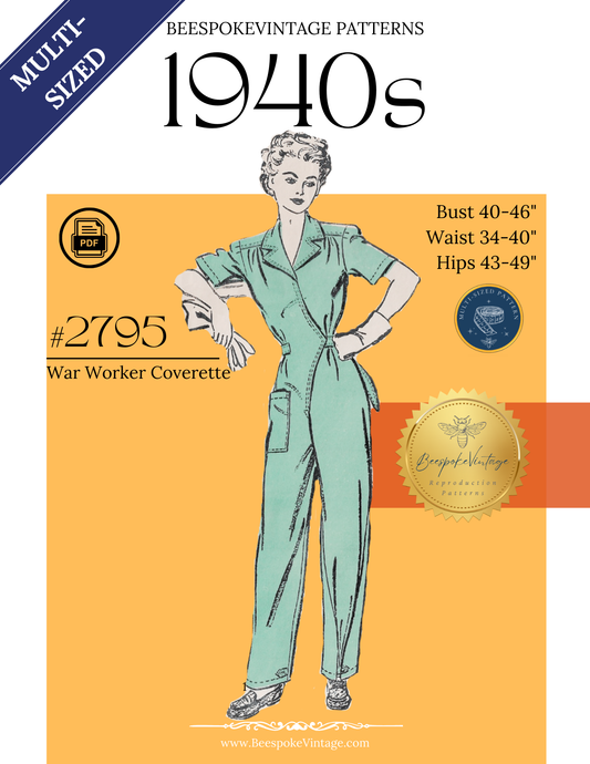 1940s Coverette Overalls WWII Rosie the Riveter - Bust 40"- 46" MULTISIZED Reproduction Vintage Pattern #2795-4046 (PDF - Print At Home)