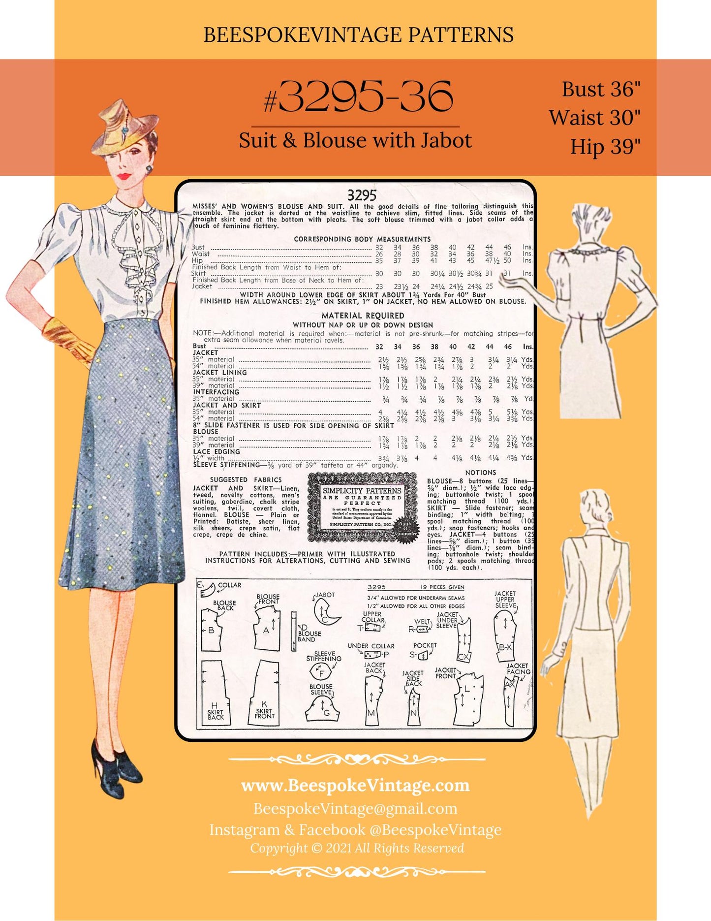 1930s Suit Jacket and Skirt w/ Ruffled Jabot Blouse  - Bust 36" - Reproduction Vintage Pattern #3295-36 - PDF - Print At Home