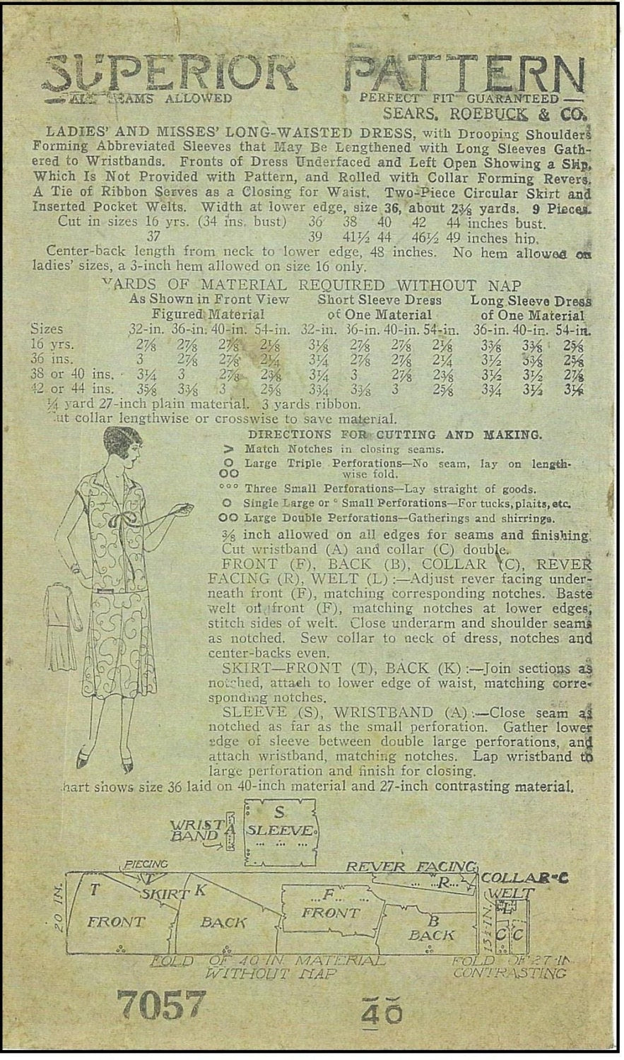 1920s Ladies Long Waisted Dress - Reproduction 1927 Sewing Pattern #Z7057 - 40 Inch Bust