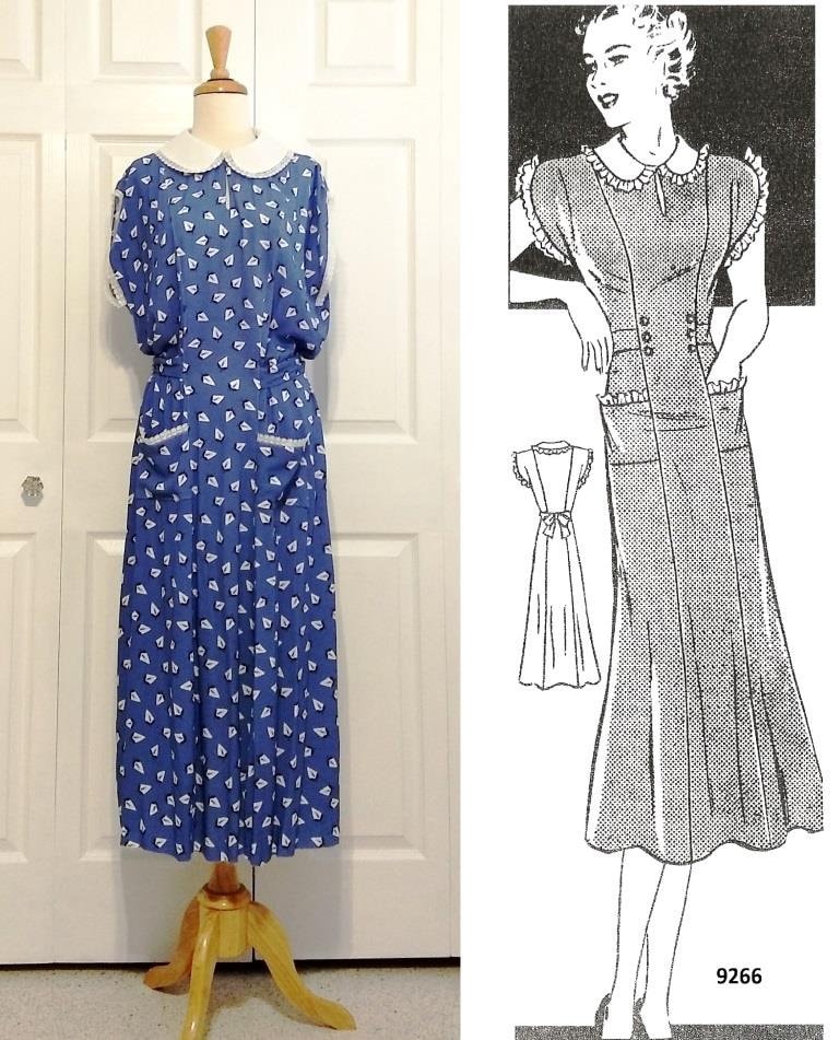 1930s Ladies Lace Trimmed Day Dress With Sash - 1938 Reproduction Sewing Pattern #T9266 - 40 Inch Bust