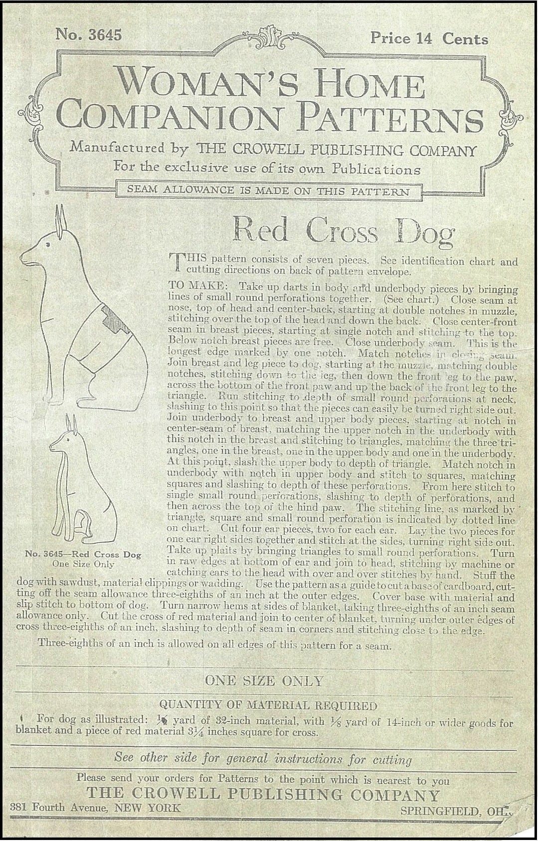 1916 Red Cross Dog Sewing Pattern - INSTANT DOWNLOAD - Reproduction Sewing Pattern #N3645 - WWI Fund Raiser - pdf - Print At Home