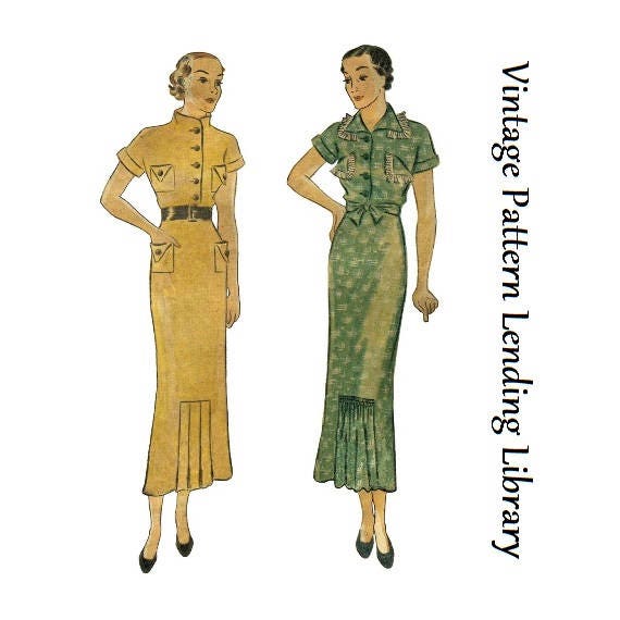 1930s Ladies Day Dress With Kick Pleats - Reproduction 1935 Sewing Pattern #T1642 - 36 Inch Bust