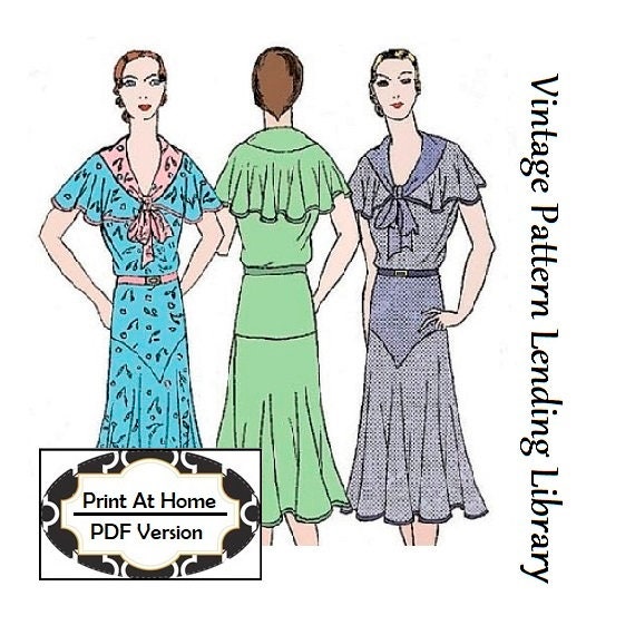 1930s Ladies Day Dress With Bertha - INSTANT DOWNLOAD - Reproduction 1931-32 Sewing Pattern #T0255 - 38-42 Inch Bust - PDF - Print At Home