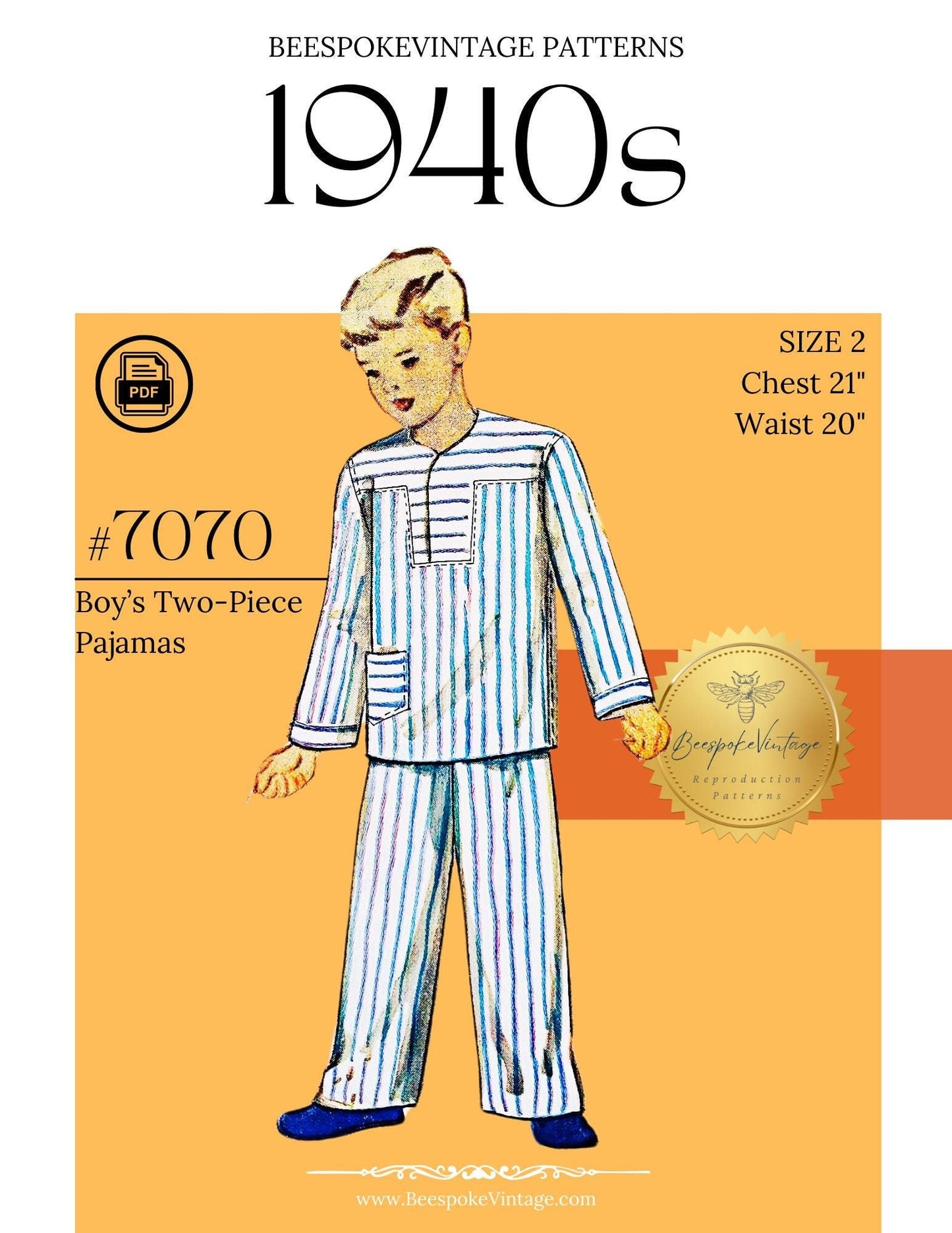 1940s Boy's Two-Piece Pajamas - Sz 2T (Fits like 4T) Reproduction Vintage Pattern #7070-2T - PDF - Print At Home