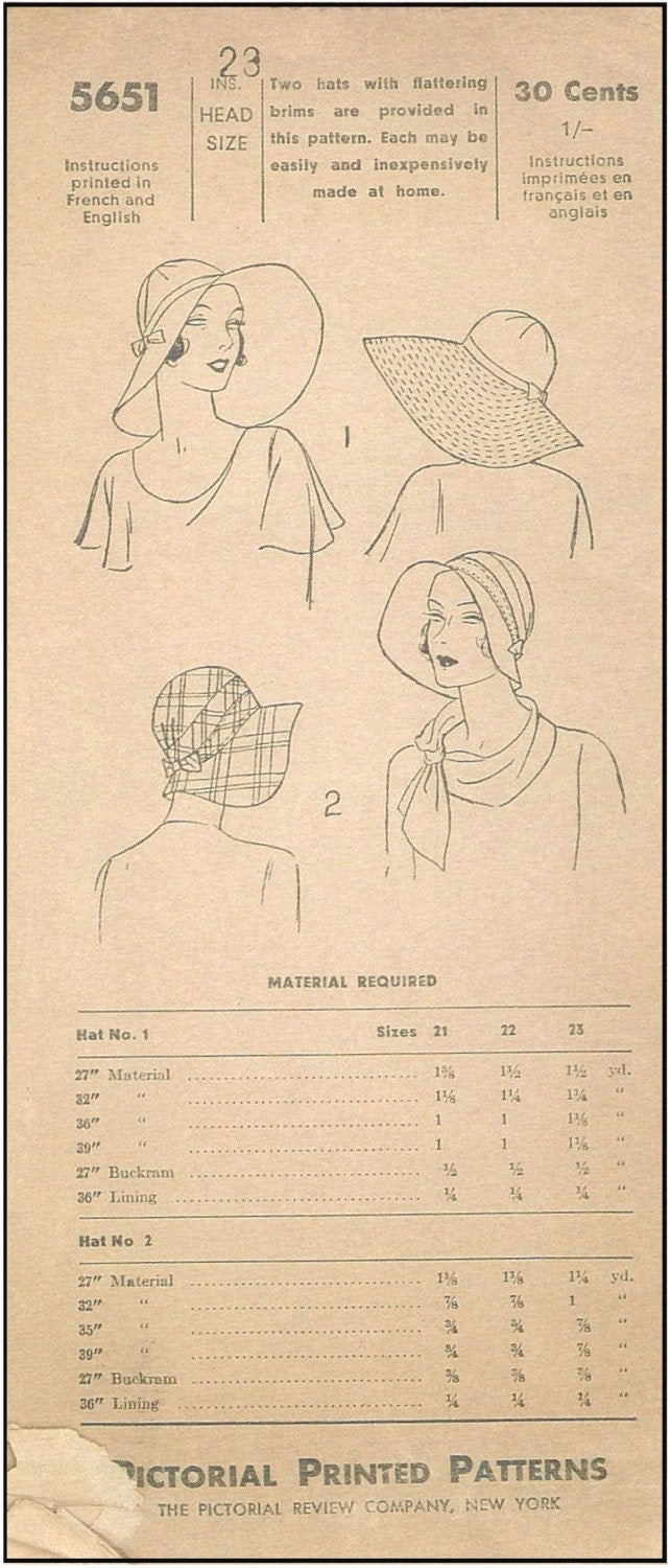 1930s Brimmed Cloche Hat - INSTANT DOWNLOAD - Reproduction 1931 Sewing Pattern #H5651 - PDF- Print at Home