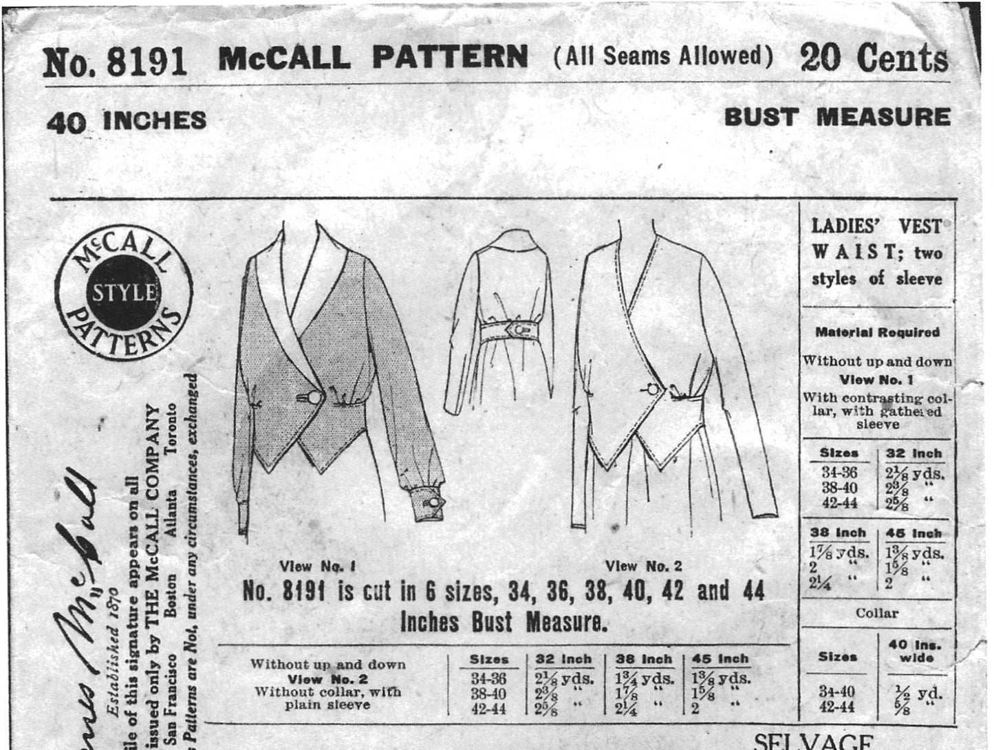 1910s Ladies Vest Waist With Belt in One - Instant Download - Reproduction 1914-17 Sewing Pattern #E8191 - 40 Inch Bust- PDF - Print At Home