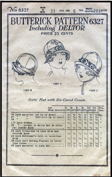 1920s Child/Youth Cloche Hat with Turned Up Front Brim - INSTANT DOWNLOAD - Reproduction 1925 Sewing Pattern #H6327 - Print At Home - PDF