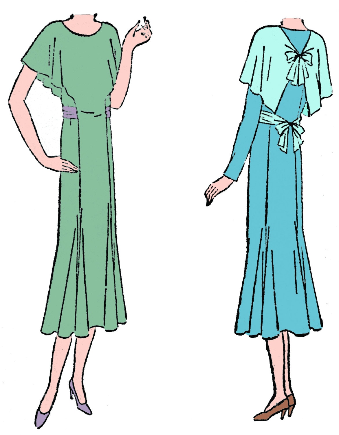 1930 Ladies Day Dress With Capelet Back - INSTANT DOWNLOAD - Reproduction Sewing Pattern #T5226 - PDF - Print At Home