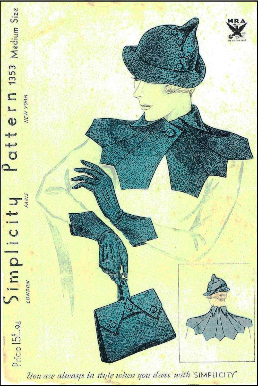 1930s Ladies Hat, Gloves, Collar And Purse Ensemble - Reproduction 1934 Sewing Pattern #H1353