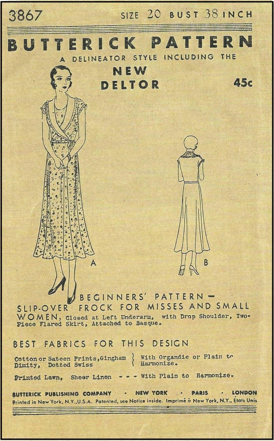 1930s Ladies Dress With Wrap Around Collar - INSTANT DOWNLOAD - Reproduction 1931 Sewing Pattern #T3867 - 38 Inch Bust - PDF - Print At Home