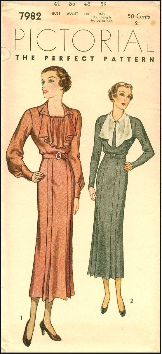 1930s Ladies Dress With Jabot - INSTANT DOWNLOAD - Reproduction 1934 Sewing Pattern #T7982 - 41 Inch Bust - PDF - Print At Home