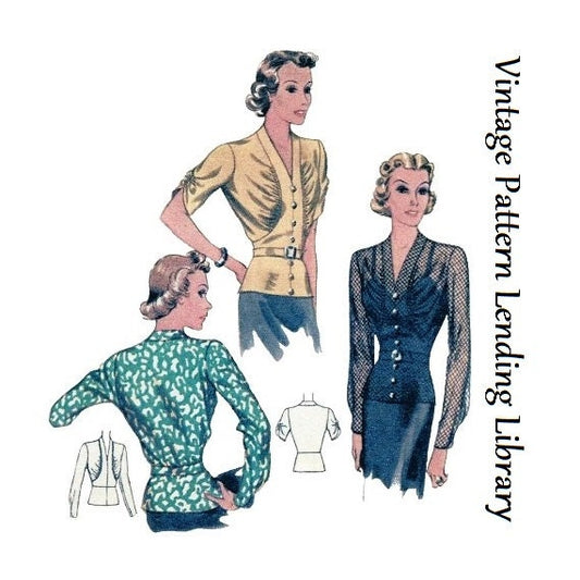 1930s Ladies Blouse With Gathered Bodice - Reproduction 1938 Sewing Pattern #T9581 - 36 Inch Bust