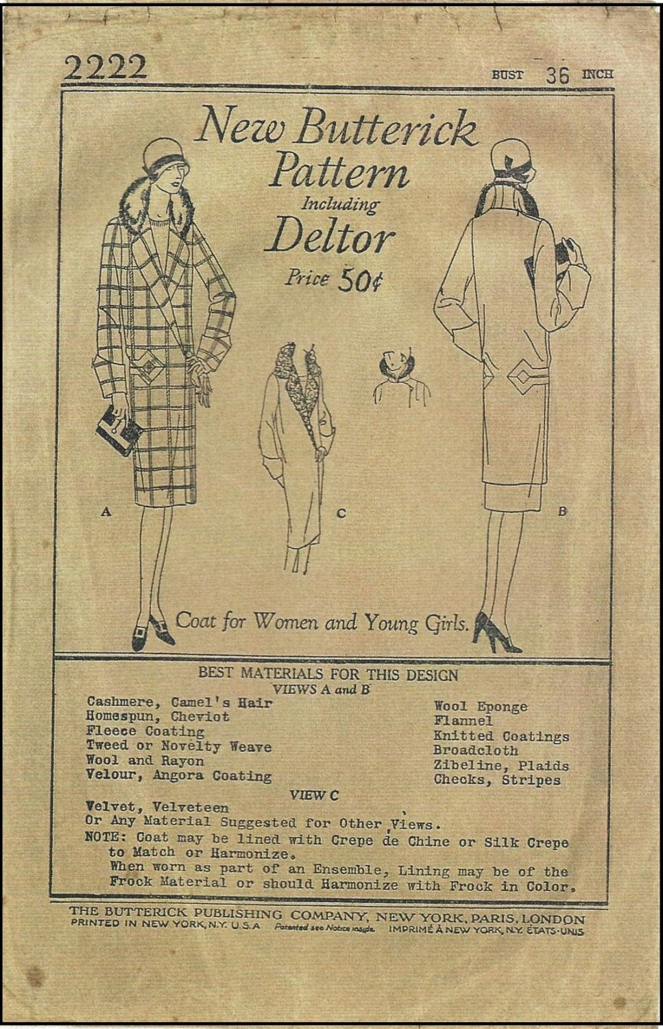 1920s Ladies Coat With Geometric Trim - Reproduction 1923 Sewing Pattern #Z2222 - 36 Inch Bust