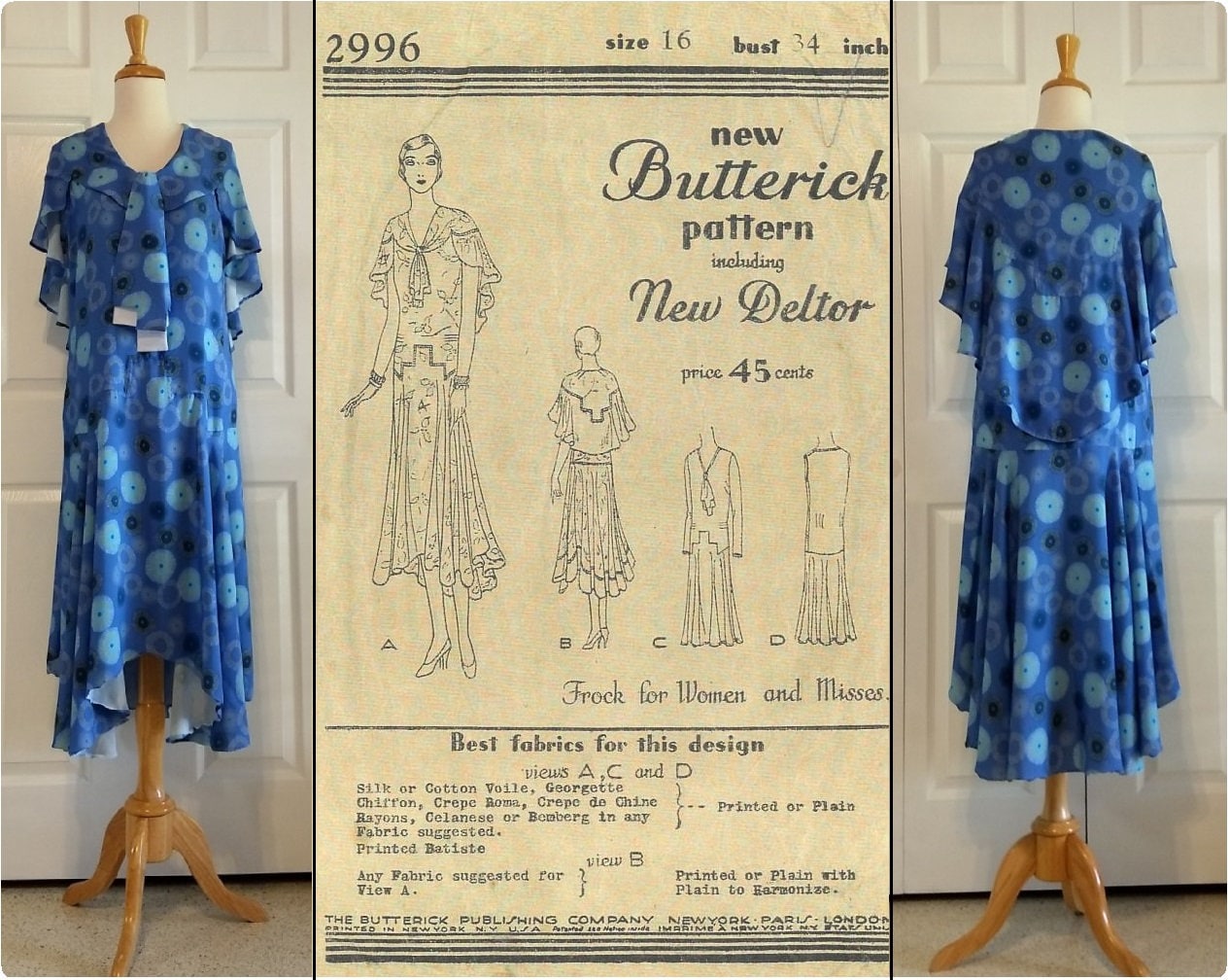 1920s Ladies Slip-On Dress With Capelet - Reproduction 1929 Sewing Pattern #Z2996 - 34 Inch Bust