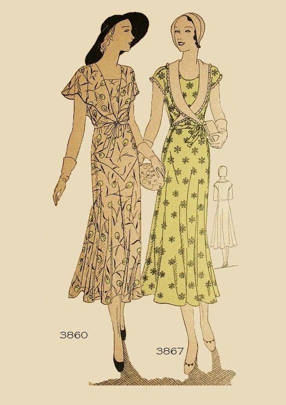 1930s Ladies Day Dress With Wrap Around Collar - Reproduction 1931 Sewing Pattern #T3867 - 38 Inch Bust