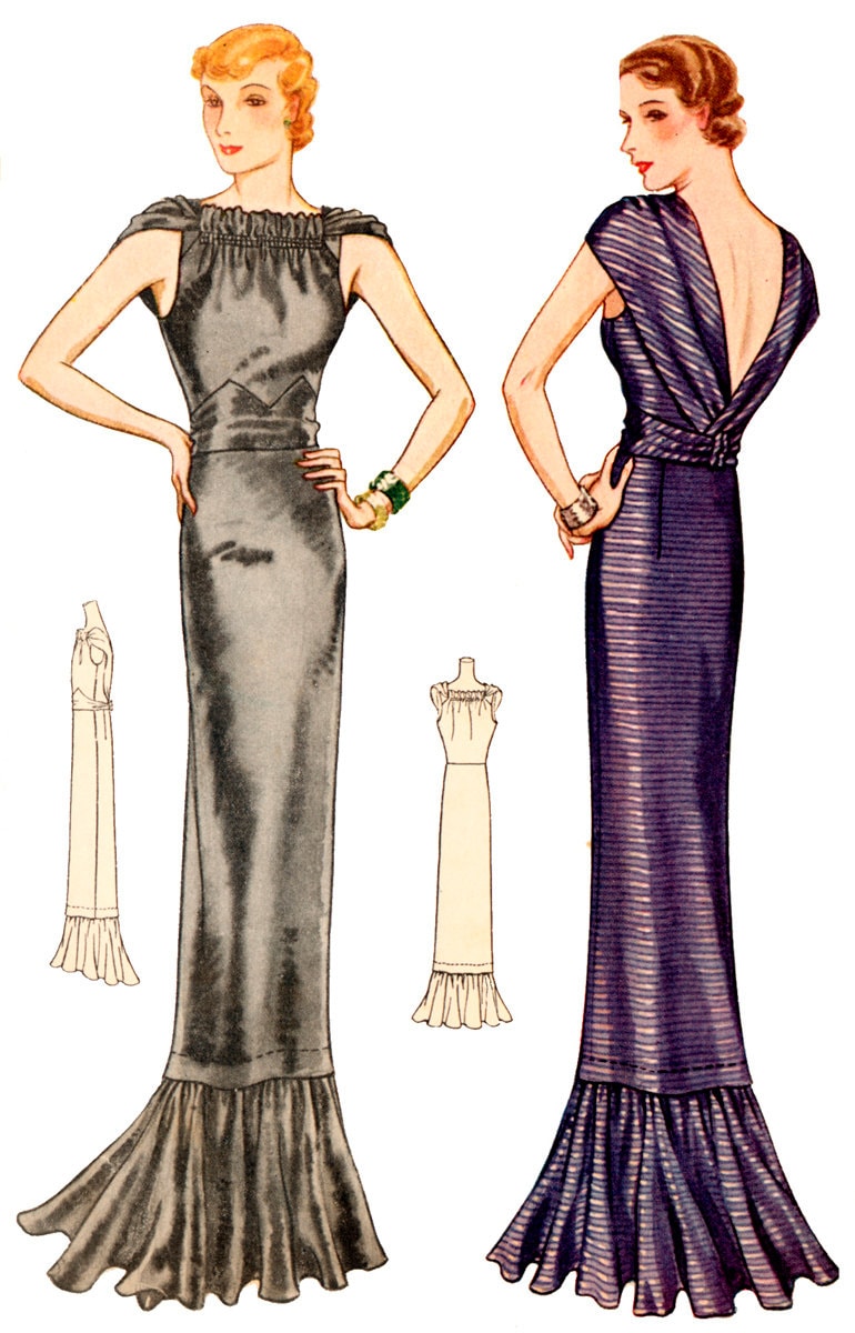 1930s Ladies Evening Gown With Gathered Neckline - INSTANT DOWNLOAD - Reproduction 1933 Sewing Pattern #T7595 - PDF - Print at Home