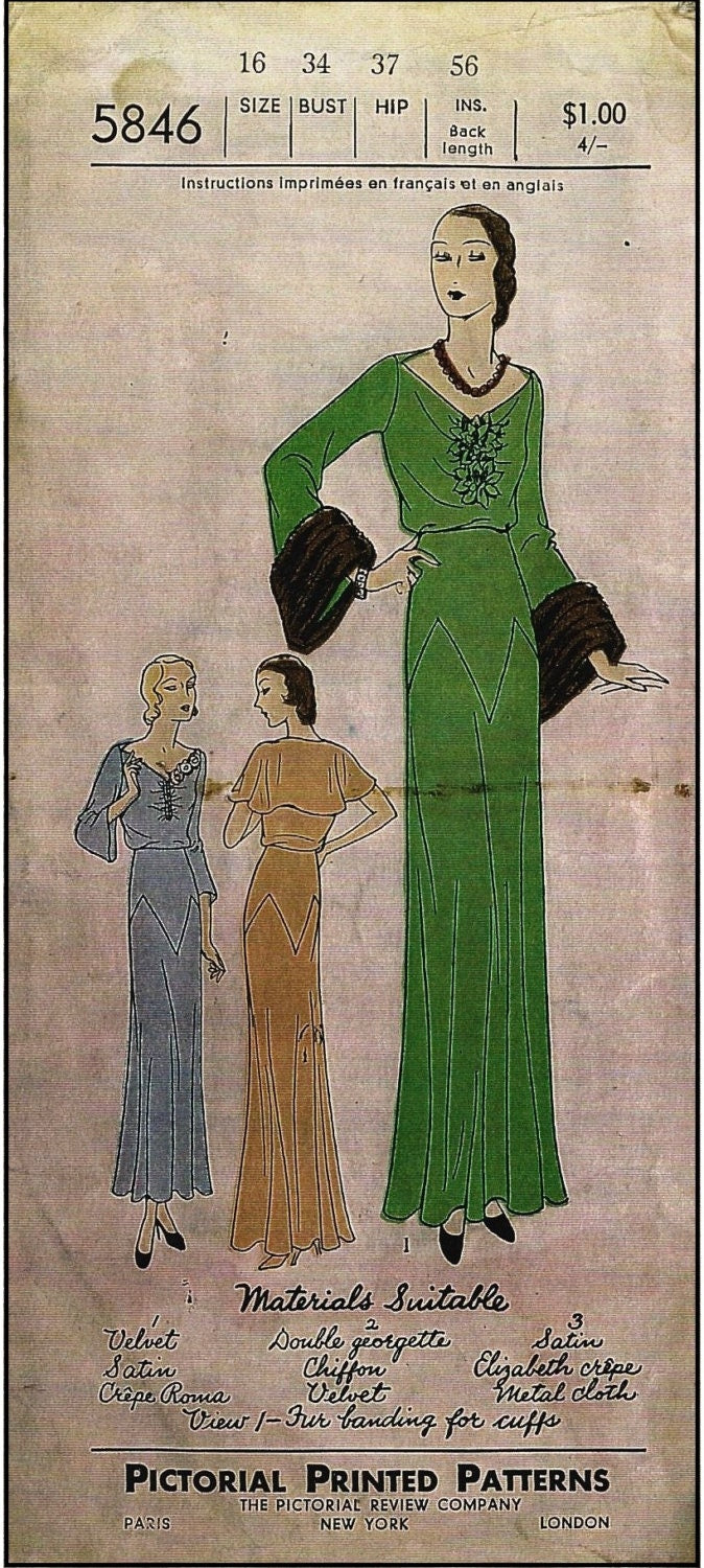 1930s Ladies Evening Gown With Deep Cuffs - Reproduction 1931-33 Sewing Pattern #T5846 - 34 Inch Bust